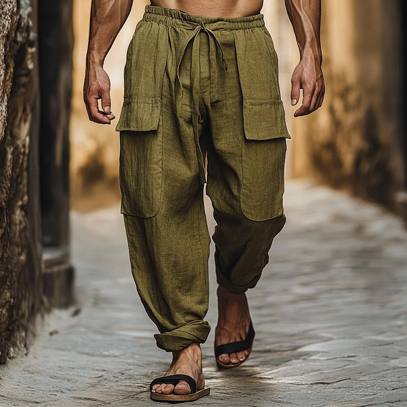Men's Casual Cotton Linen Blend Elastic Waist Drawstring Multi-Pocket Loose Pants MTA1771D9M