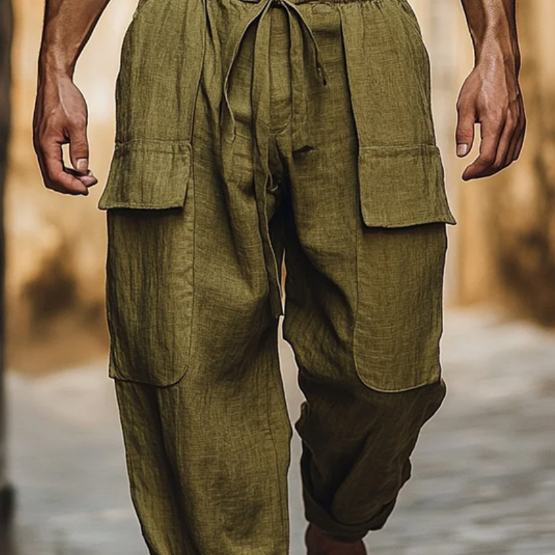Men's Casual Cotton Linen Blend Elastic Waist Drawstring Multi-Pocket Loose Pants MTA1771D9M