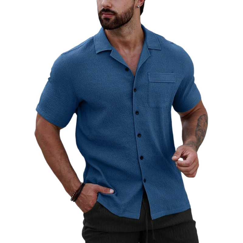 Men's Casual Cotton Blend Pleated Lapel Patch Pocket Slim Fit Short Sleeve Shirt MTA0289D9M
