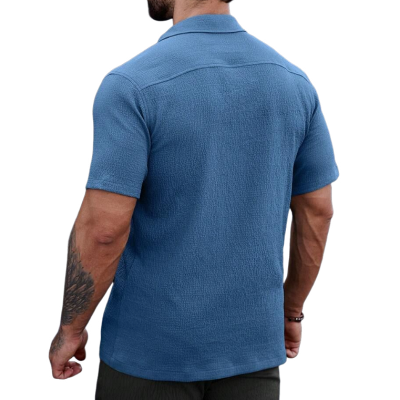 Men's Casual Cotton Blend Pleated Lapel Patch Pocket Slim Fit Short Sleeve Shirt MTA0289D9M