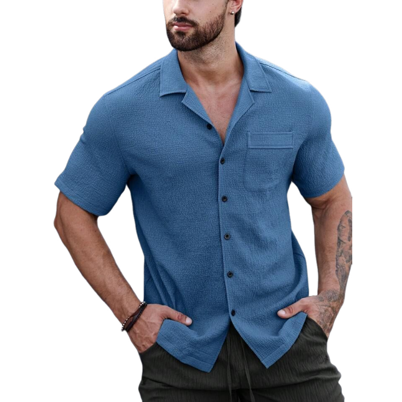 Men's Casual Cotton Blend Pleated Lapel Patch Pocket Slim Fit Short Sleeve Shirt MTA0289D9M