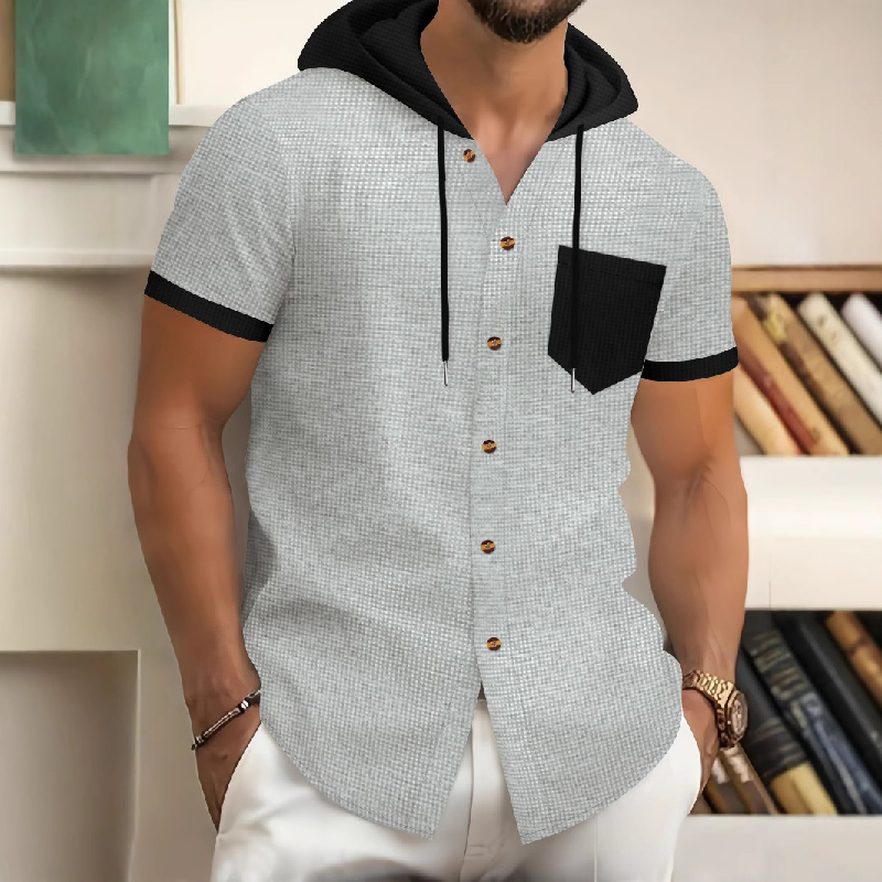 Men's Casual Cotton Blend Waffle Contrast Color Stitching Hooded Short Sleeve Shirt MTA1673D1M