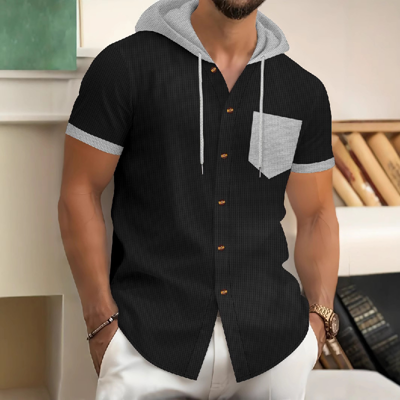 Men's Casual Cotton Blend Waffle Contrast Color Stitching Hooded Short Sleeve Shirt MTA1673D1M