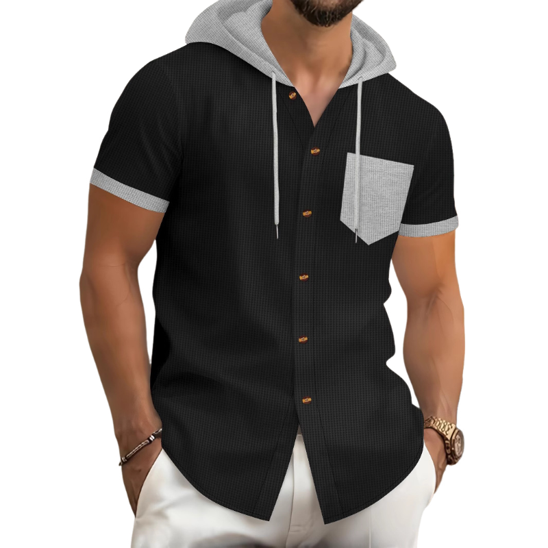 Men's Casual Cotton Blend Waffle Contrast Color Stitching Hooded Short Sleeve Shirt MTA1673D1M