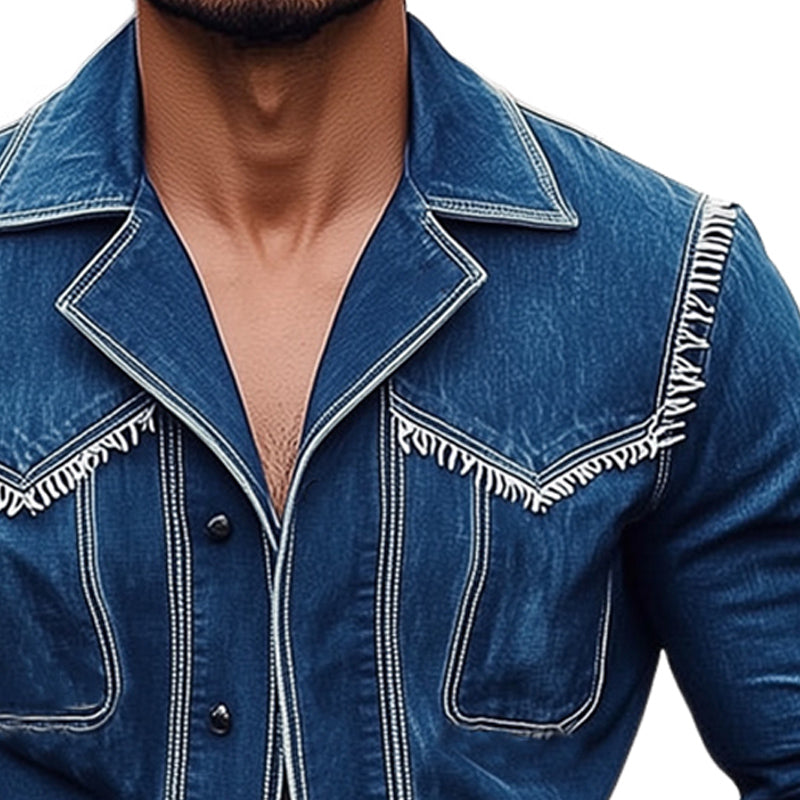 Men's Stylish Notched Lapel Fringed Denim Jacket MTA1873D3U