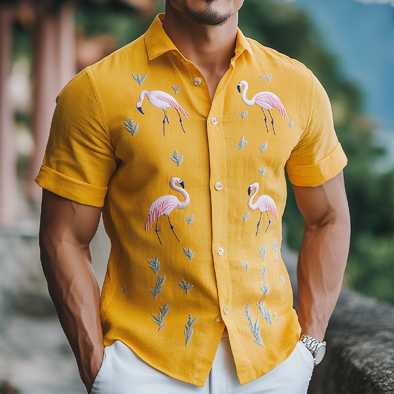 Men's Summer Fashion Hawaiian Style Cotton and Linen Flamingo Embroidered Short Sleeve Shirt MTA1852D8K
