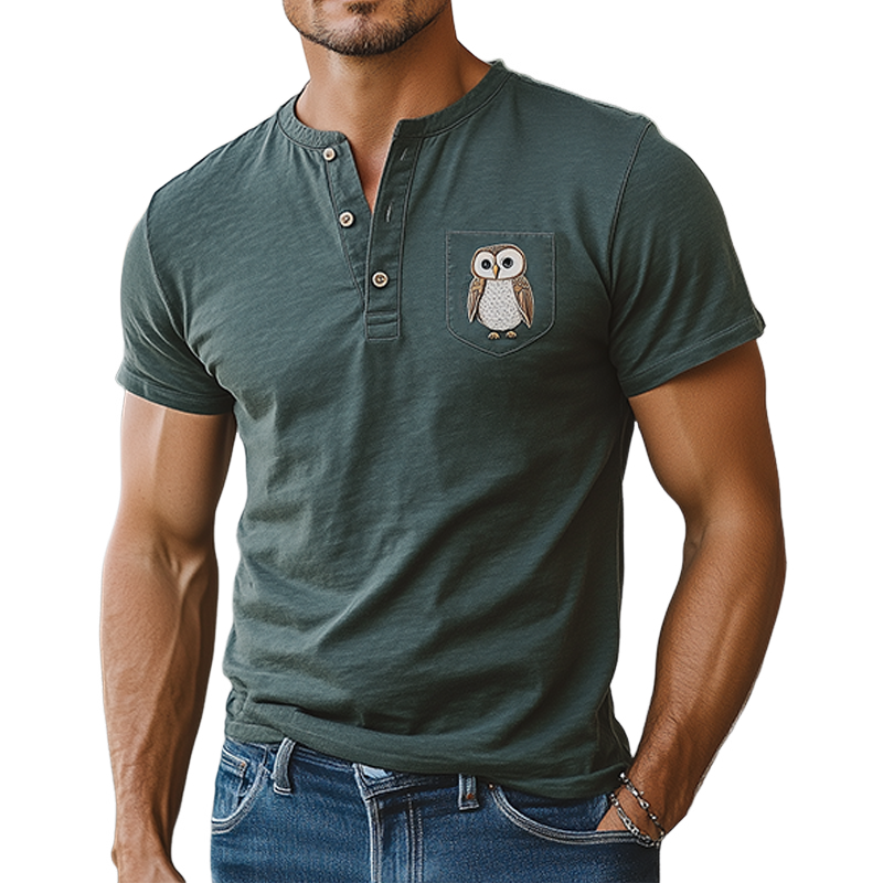 Men's Summer Casual Cotton Blend Slim Fit Henley Collar Pocket Animal Embroidery Short Sleeve T-Shirt MTA1829D8K