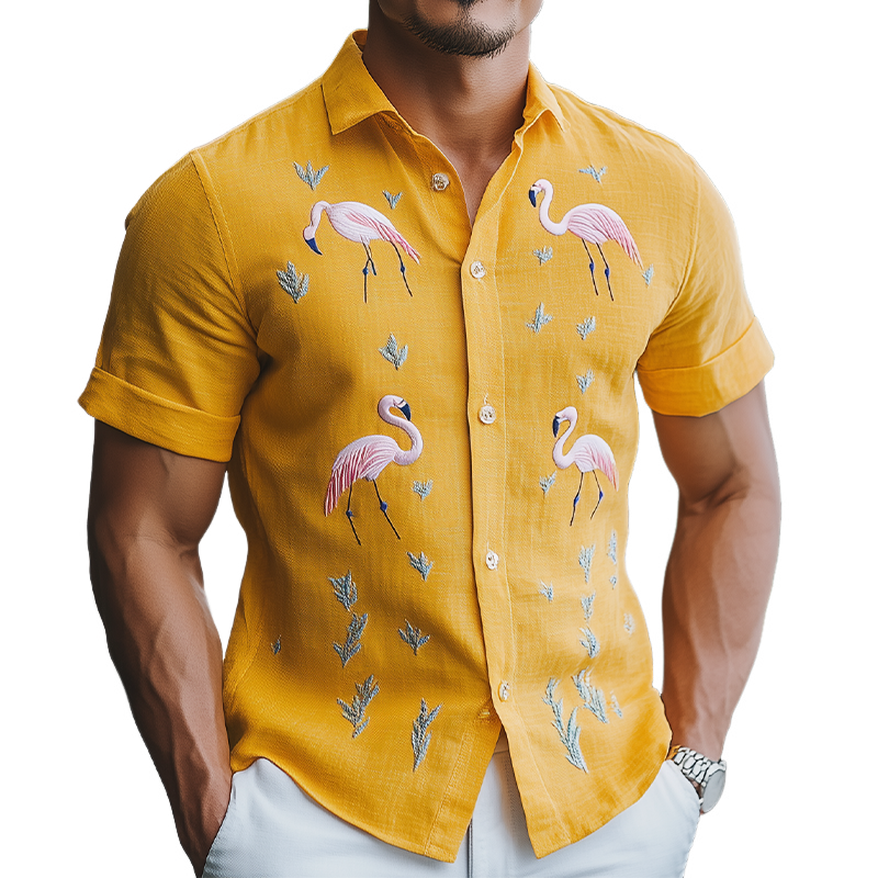 Men's Summer Fashion Hawaiian Style Cotton and Linen Flamingo Embroidered Short Sleeve Shirt MTA1852D8K