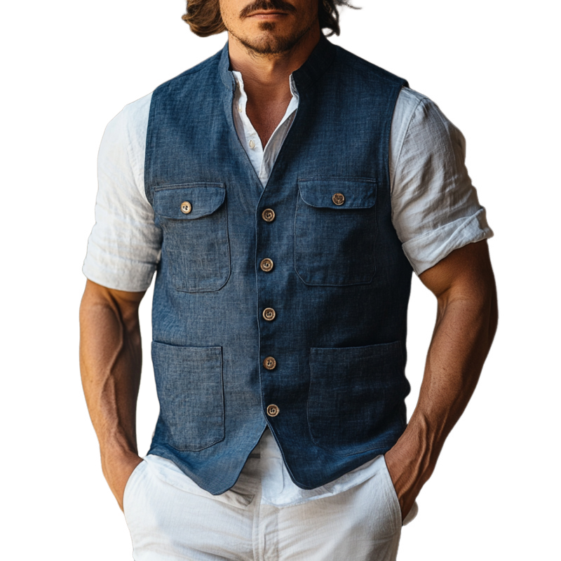 Men's Casual Linen Stand Collar Single-Breasted Multi-Pocket Work Vest MTA1805D7M