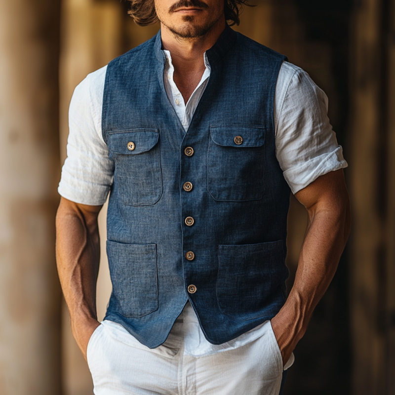Men's Casual Linen Stand Collar Single-Breasted Multi-Pocket Work Vest MTA1805D7M