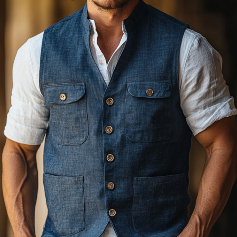 Men's Casual Linen Stand Collar Single-Breasted Multi-Pocket Work Vest MTA1805D7M