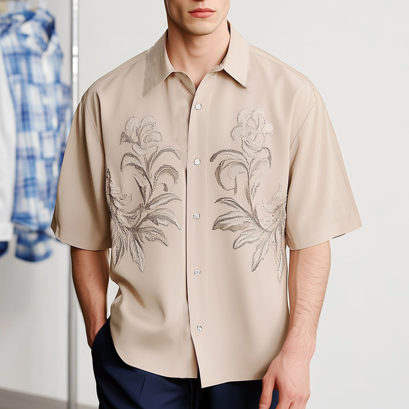 Men's Fashion Summer Silver Embroidery Loose Short Sleeve Shirt MTA2164D2U