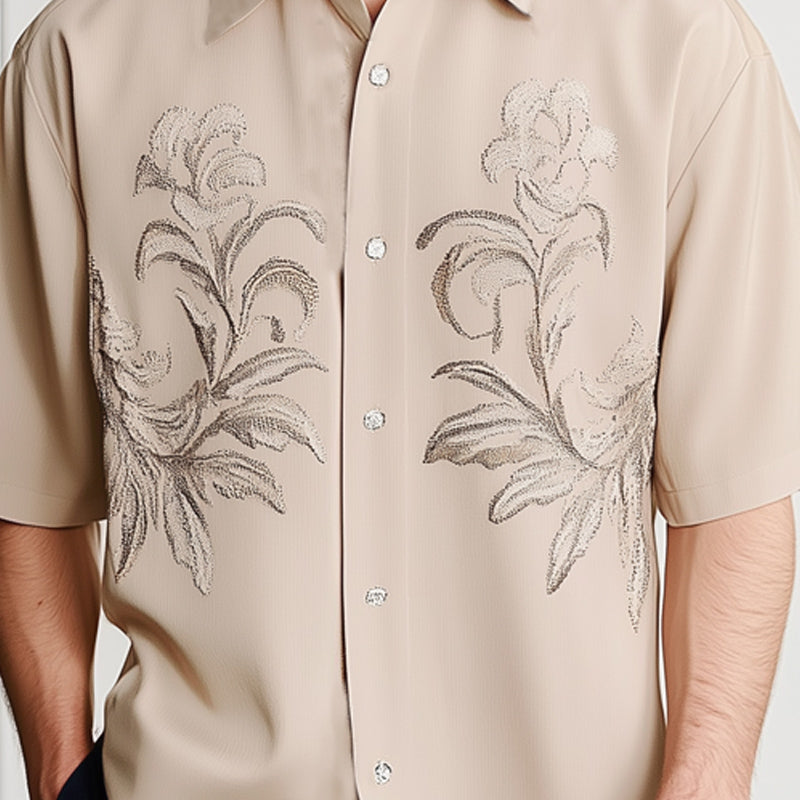 Men's Fashion Summer Silver Embroidery Loose Short Sleeve Shirt MTA2164D2U