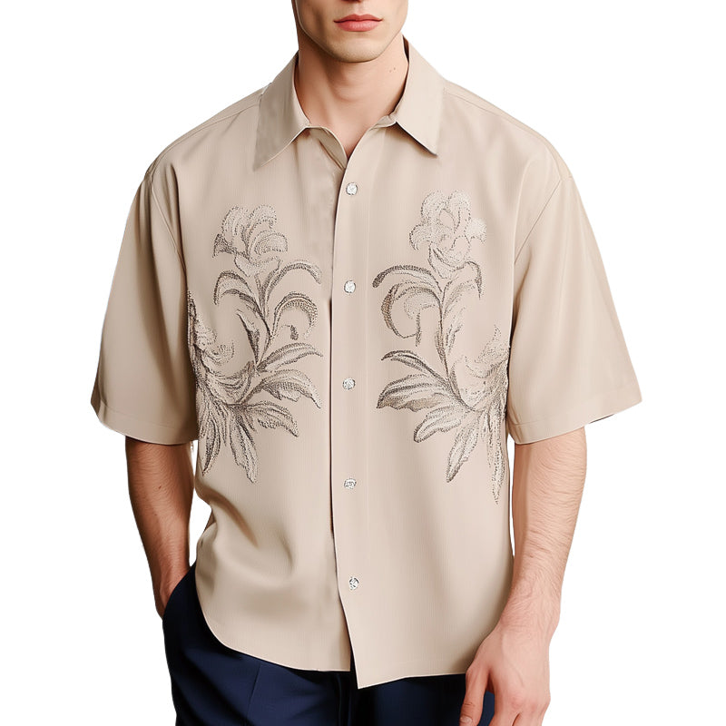Men's Fashion Summer Silver Embroidery Loose Short Sleeve Shirt MTA2164D2U
