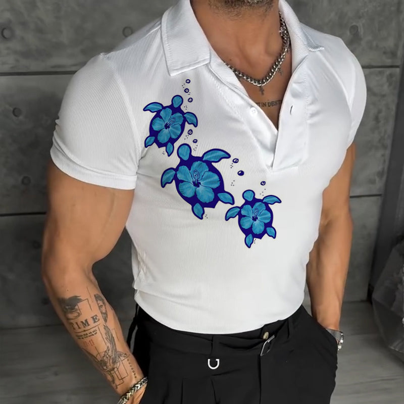 Men's Retro Casual Turtle Print Lapel Short Sleeve T-Shirt MTA2133D6TO