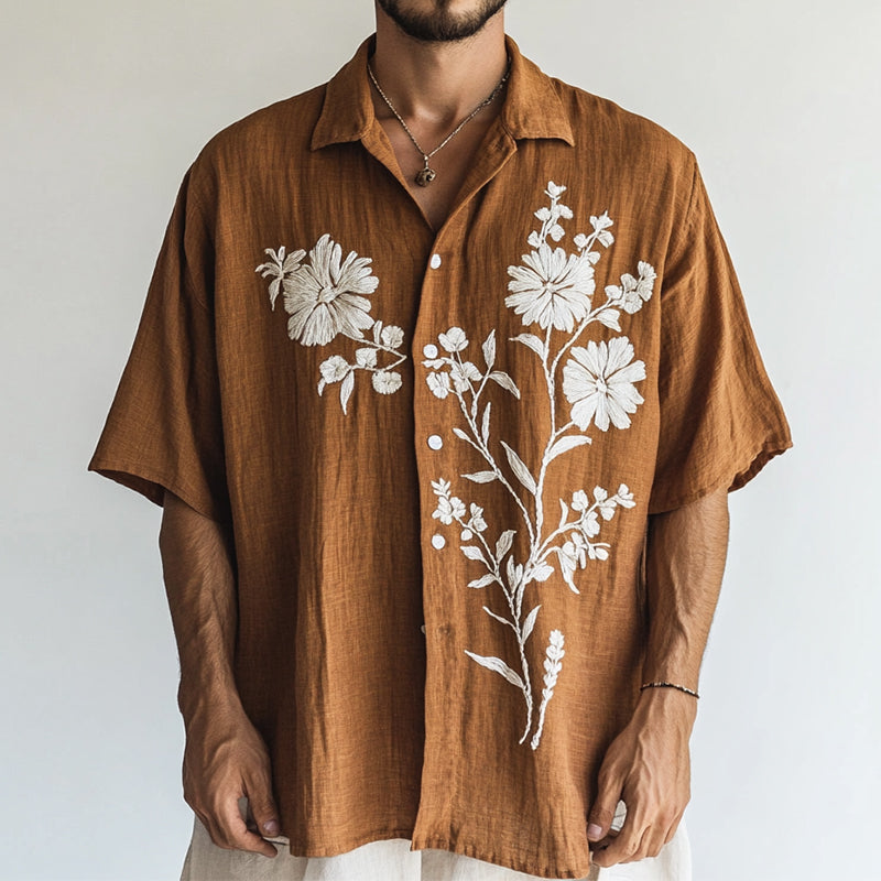 Men's Casual Floral Embroidery Linen Lapel Short Sleeve Shirt MTA2173D5TO