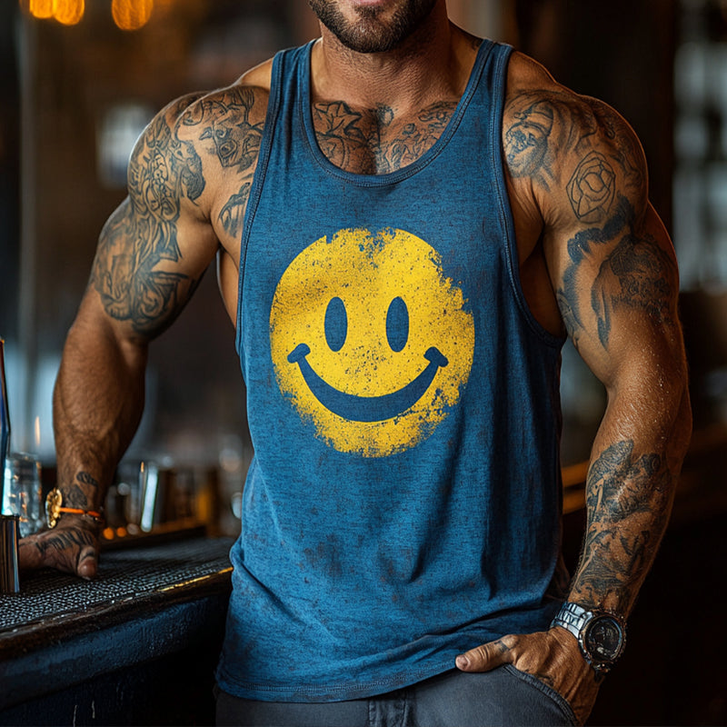 Men's Retro Casual Smiley Face Printed Crew Neck Tank Top MTA2101D9TO