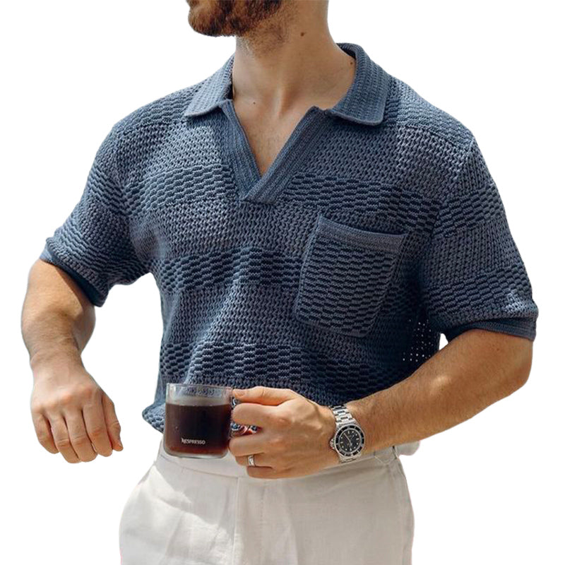 Men's Summer Classic V-neck Breathable Knitted T-shirt MTA2113D5U
