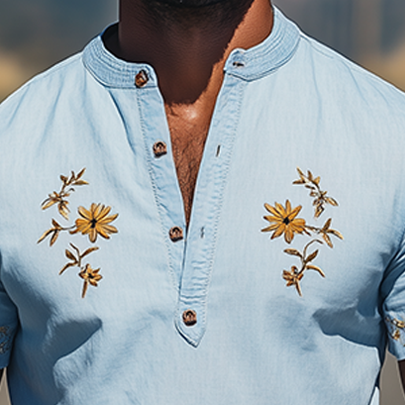 Men's Summer Fashion Henley Collar Flower Embroidery Cotton and Linen Short Sleeve T-shirt MTA2133D2K
