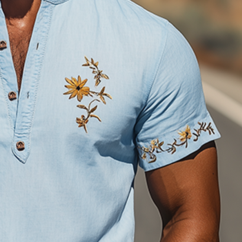Men's Summer Fashion Henley Collar Flower Embroidery Cotton and Linen Short Sleeve T-shirt MTA2133D2K