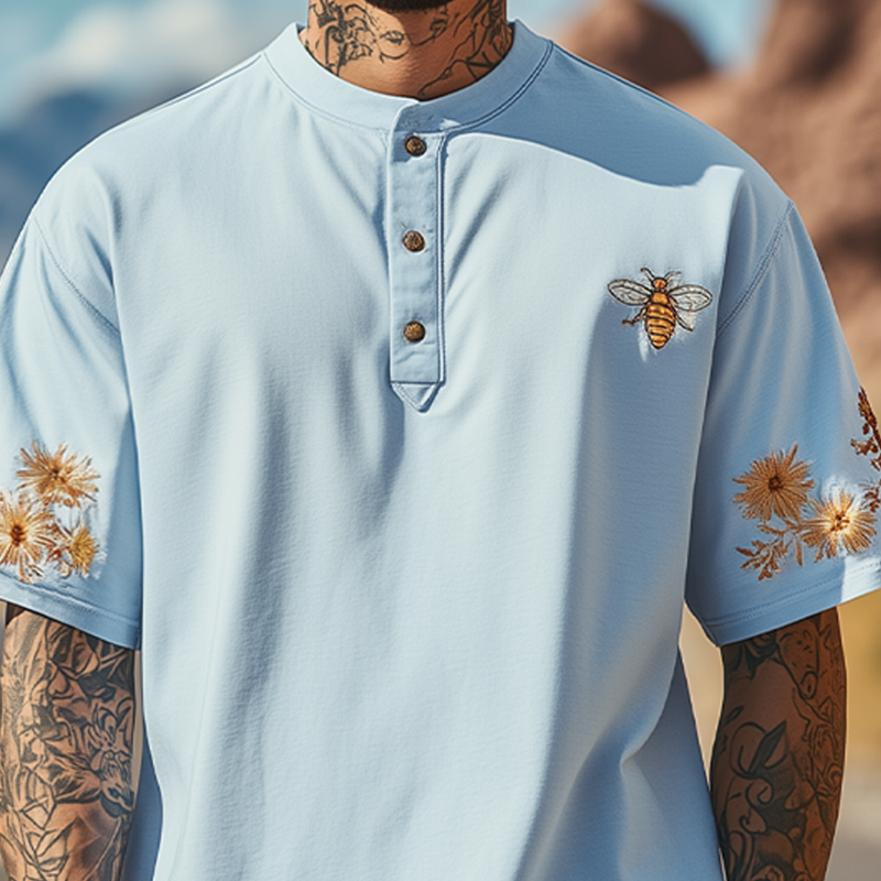 Men's Summer Fashion Henley Collar Flowers and Bee Embroidery Cotton Blend Short Sleeve T-Shirt MTA2137D5K