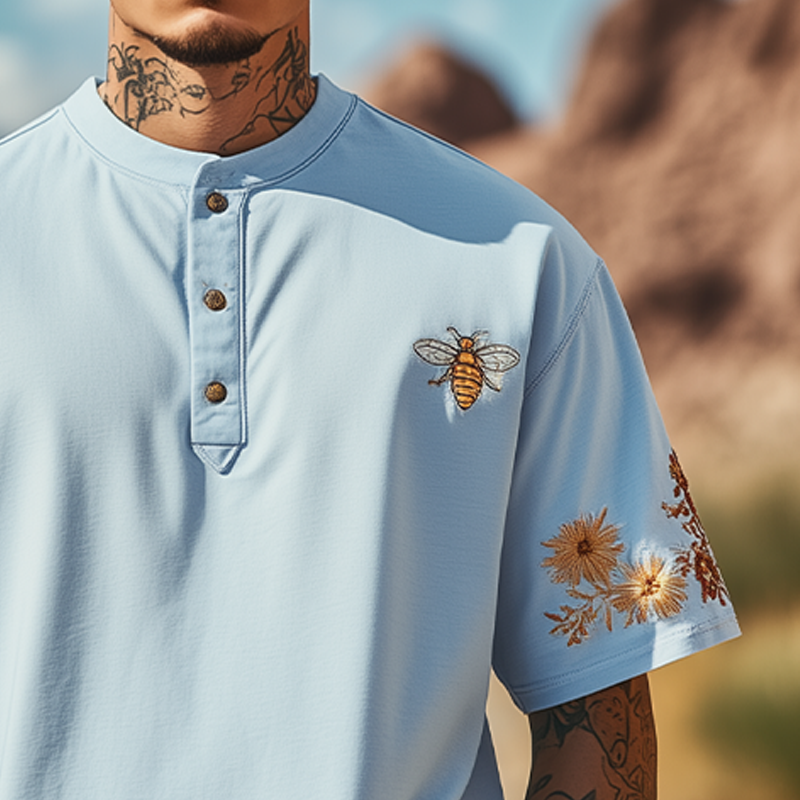 Men's Summer Fashion Henley Collar Flowers and Bee Embroidery Cotton Blend Short Sleeve T-Shirt MTA2137D5K