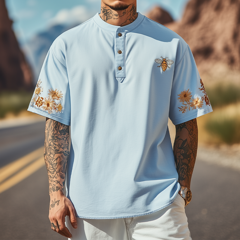 Men's Summer Fashion Henley Collar Flowers and Bee Embroidery Cotton Blend Short Sleeve T-Shirt MTA2137D5K