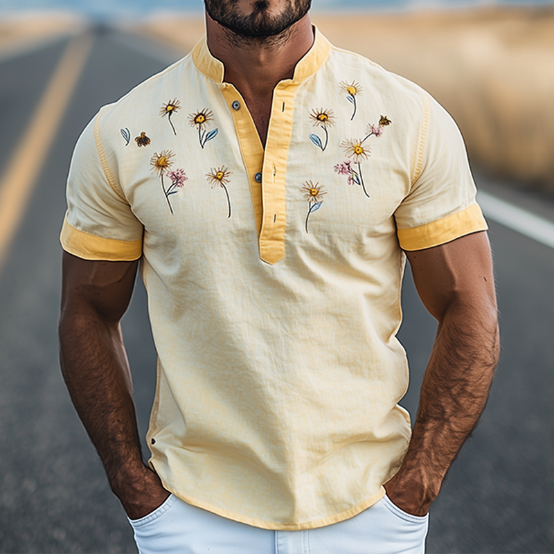 Men's Summer Fashion Henley Collar Flower Embroidery Stitching Cotton and Linen Short Sleeve T-shirt MTA2194D6K