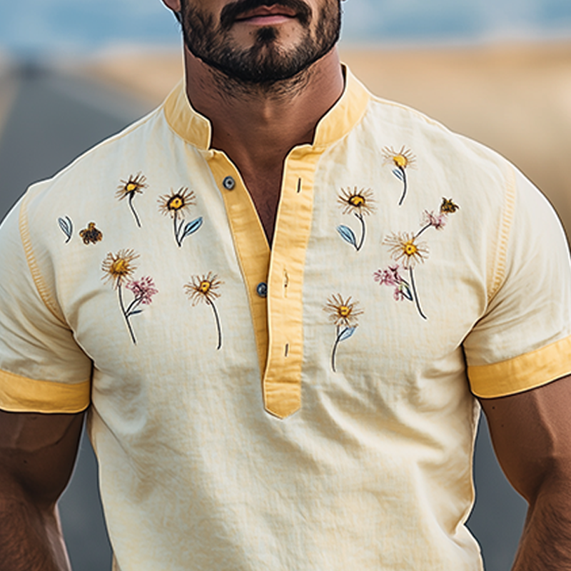 Men's Summer Fashion Henley Collar Flower Embroidery Stitching Cotton and Linen Short Sleeve T-shirt MTA2194D6K