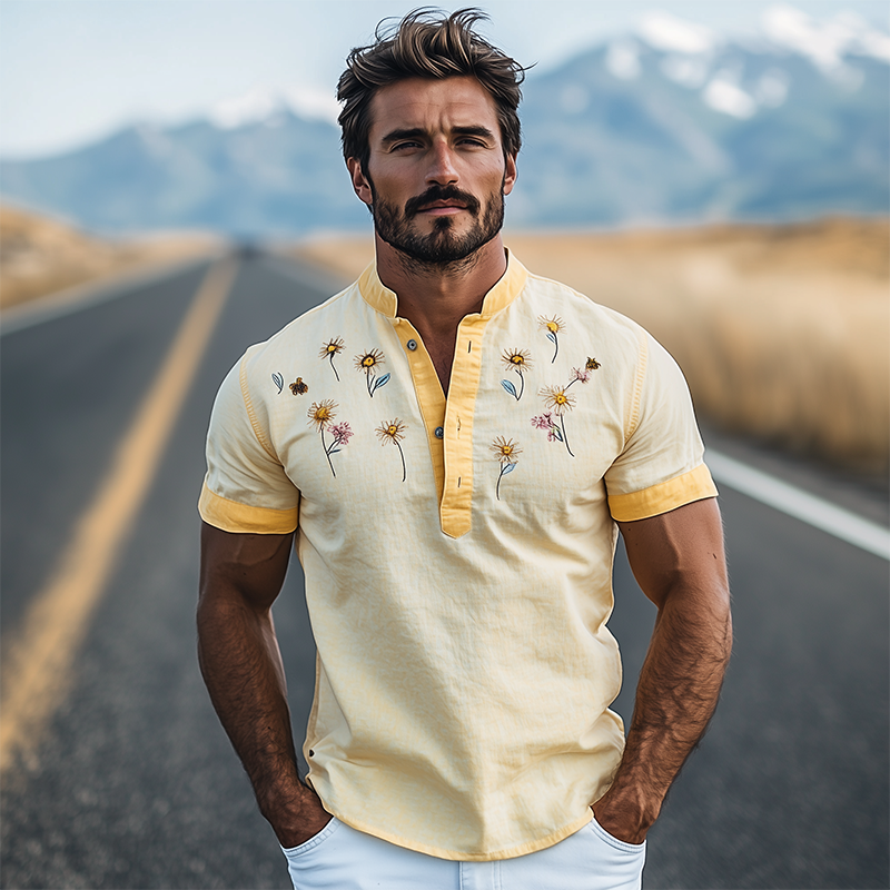 Men's Summer Fashion Henley Collar Flower Embroidery Stitching Cotton and Linen Short Sleeve T-shirt MTA2194D6K