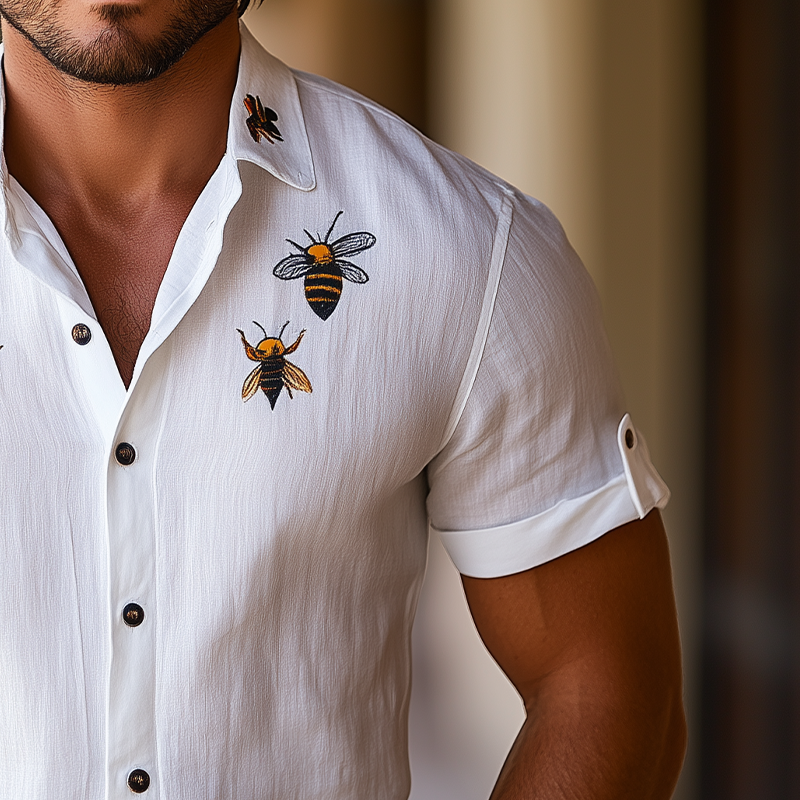 Men's Summer Fashion Hawaiian Style Bee Embroidery Cotton and Linen Short Sleeve Shirt MTA2129D3K
