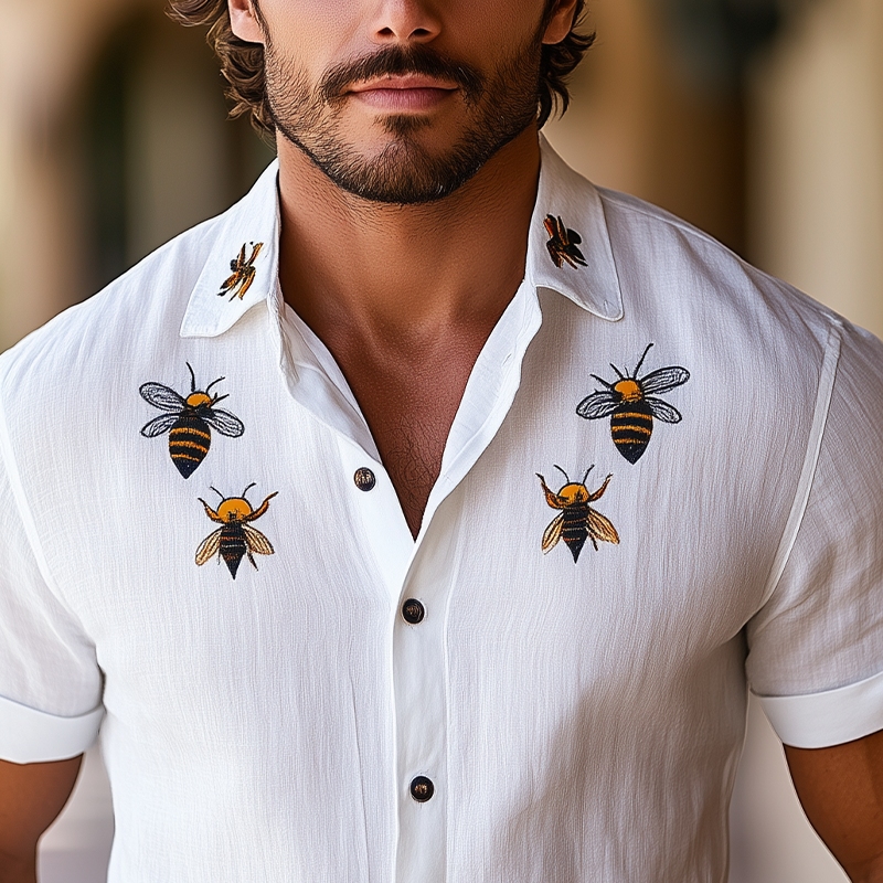 Men's Summer Fashion Hawaiian Style Bee Embroidery Cotton and Linen Short Sleeve Shirt MTA2129D3K