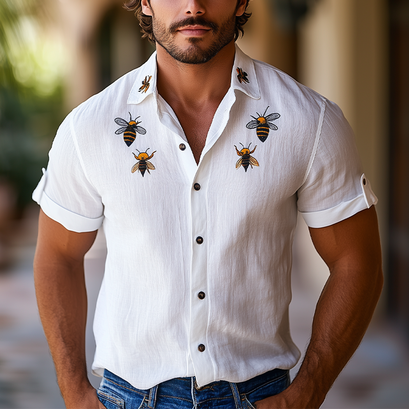 Men's Summer Fashion Hawaiian Style Bee Embroidery Cotton and Linen Short Sleeve Shirt MTA2129D3K