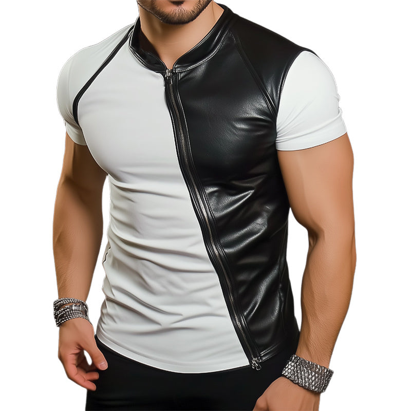 Men's Fashion Summer Leather Stitching Short Sleeve T-Shirt MTA2103D8U
