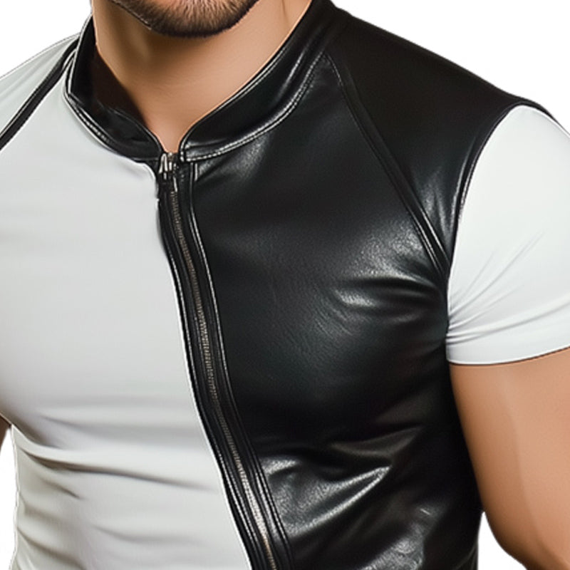 Men's Fashion Summer Leather Stitching Short Sleeve T-Shirt MTA2103D8U