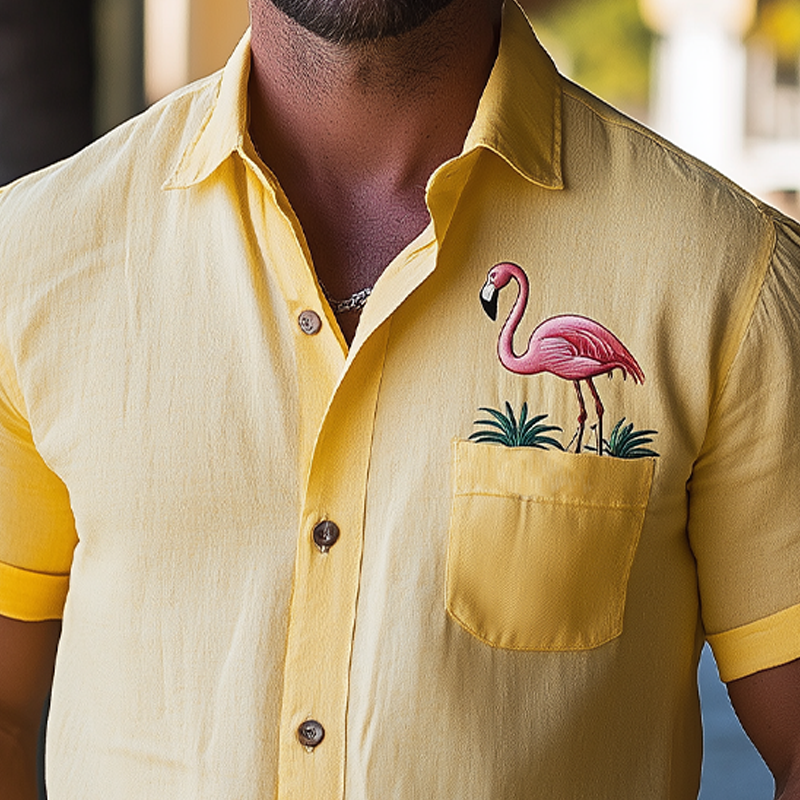 Men's Summer Fashion Hawaiian Style Pocket Flamingo Embroidery Cotton and Linen Short Sleeve Shirt MTA2165D5K