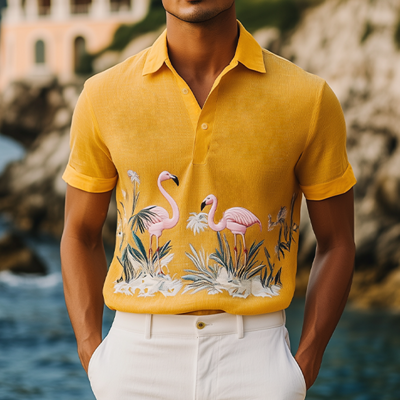 Men's Summer Fashion Hawaiian Style Flamingo Embroidered Cotton and Linen Short Sleeve Polo Shirt MTA2123D9K