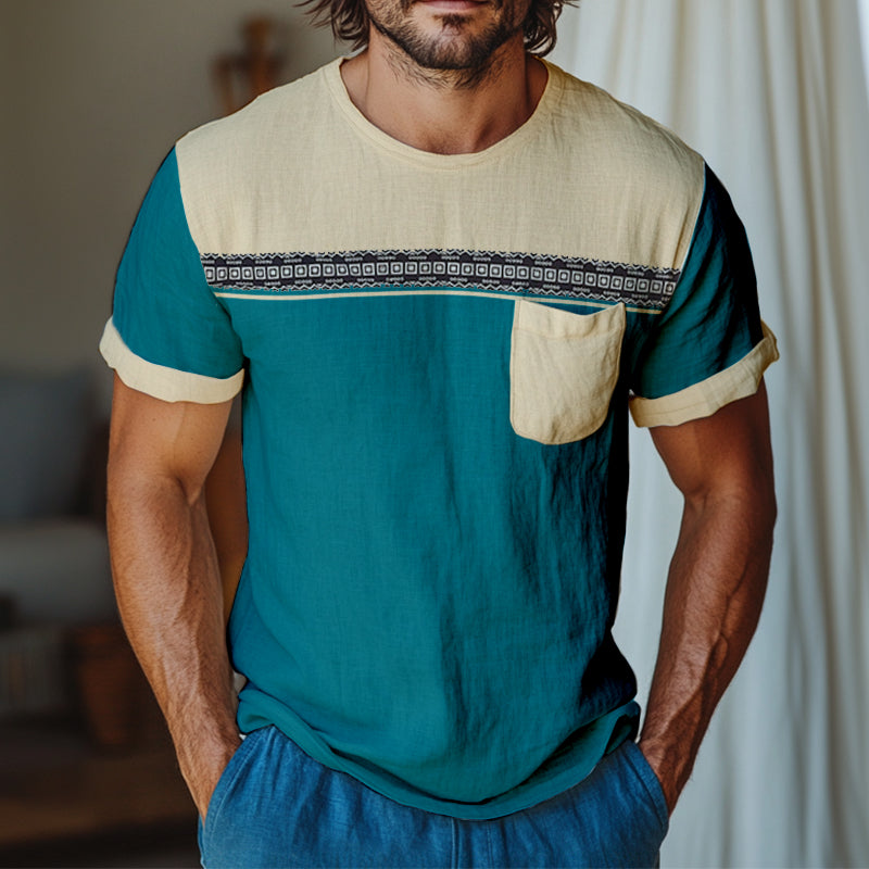 Men's Retro Casual Colorblock Printed Linen Round Neck Short Sleeve T-Shirt MTA2197D1TO