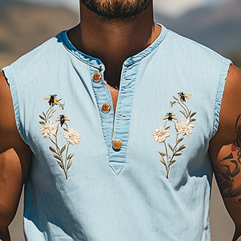 Men's Summer Fashion V-Neck Gardenia Embroidered Tencel Denim Tank Top MTA2134D1K