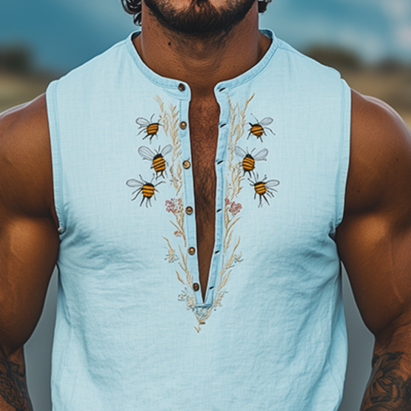 Men's Summer Fashion Deep V Neck Bee and Flower Embroidered Cotton and Linen Tank Top MTA2175D9K