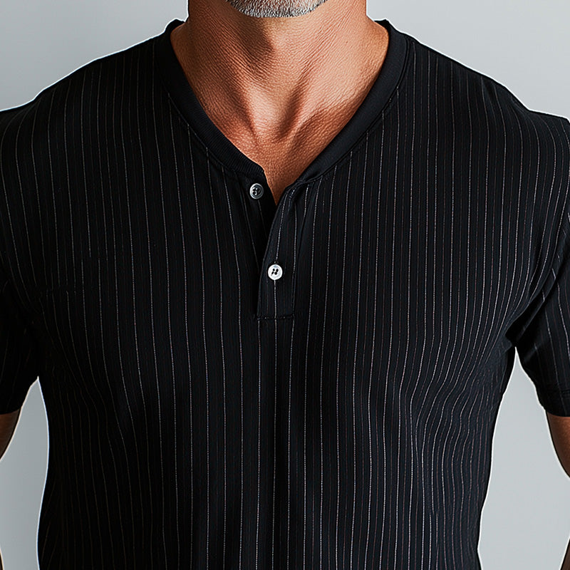 Men's Summer Fashion Elegant Striped Cotton and Linen Henley Shirt MTA2173D1P