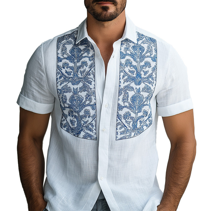 Men's Summer Fashion Porcelain Pattern Printed Cotton and Linen Short Sleeve Shirt MTA2148D0P