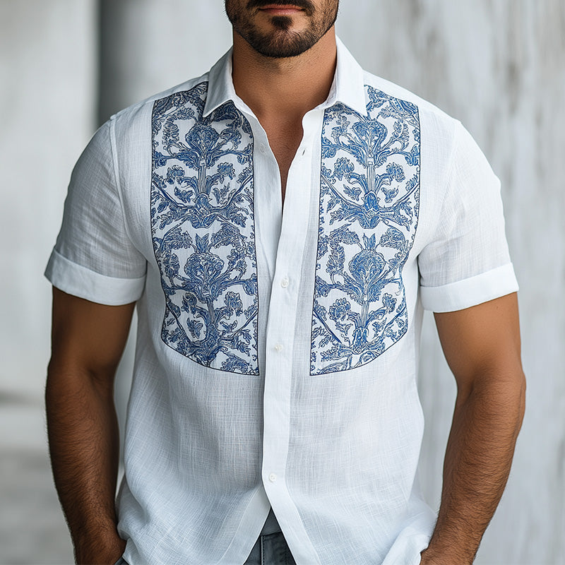 Men's Summer Fashion Porcelain Pattern Printed Cotton and Linen Short Sleeve Shirt MTA2148D0P