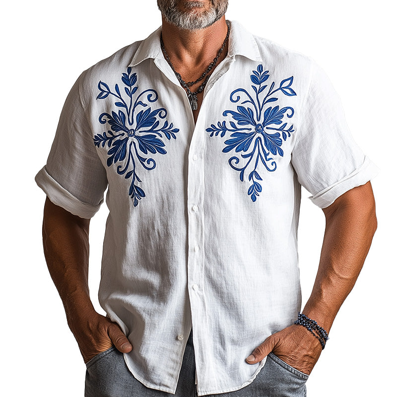 Men's Summer Fashion Solid Color Embroidered Cotton and Linen Short Sleeve Shirt MTA2142D6P