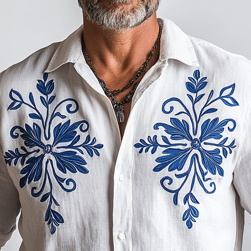 Men's Summer Fashion Solid Color Embroidered Cotton and Linen Short Sleeve Shirt MTA2142D6P