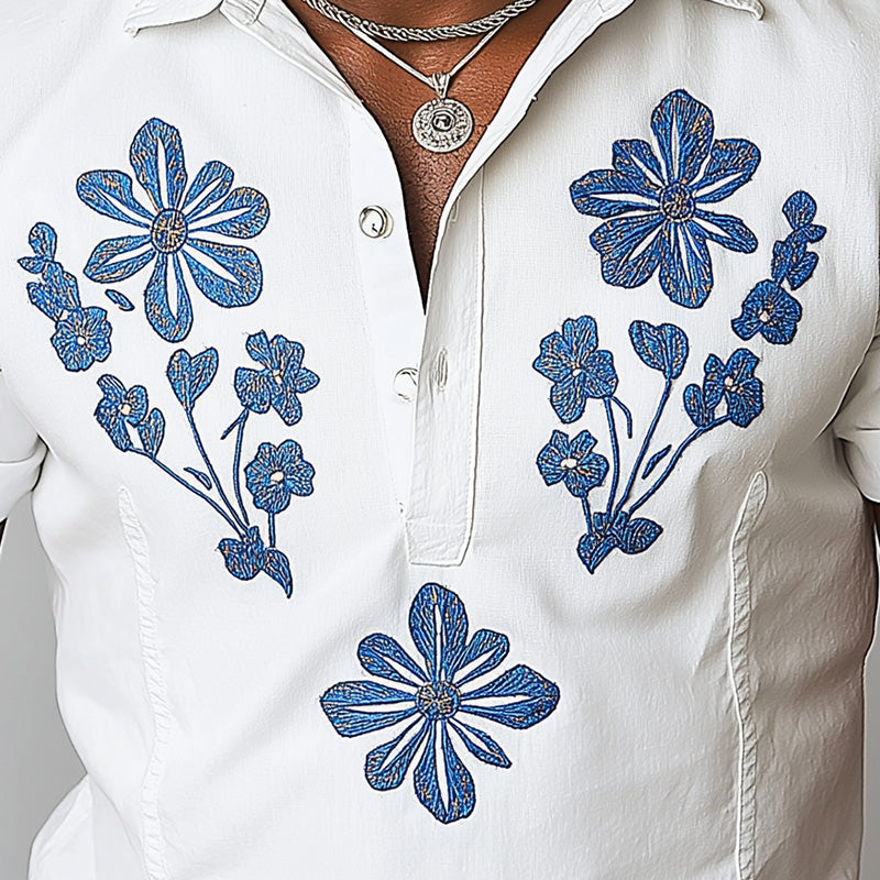 Men's Summer Fashion Solid Color Embroidered Cotton and Linen Short Sleeve Shirt MTA2158D0P