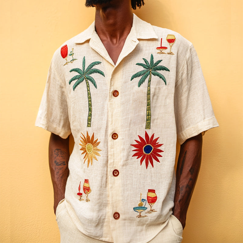 Men's Retro Casual Beach Coconut Tree Embroidery Linen Lapel Short Sleeve Shirt MTA2126D8TO