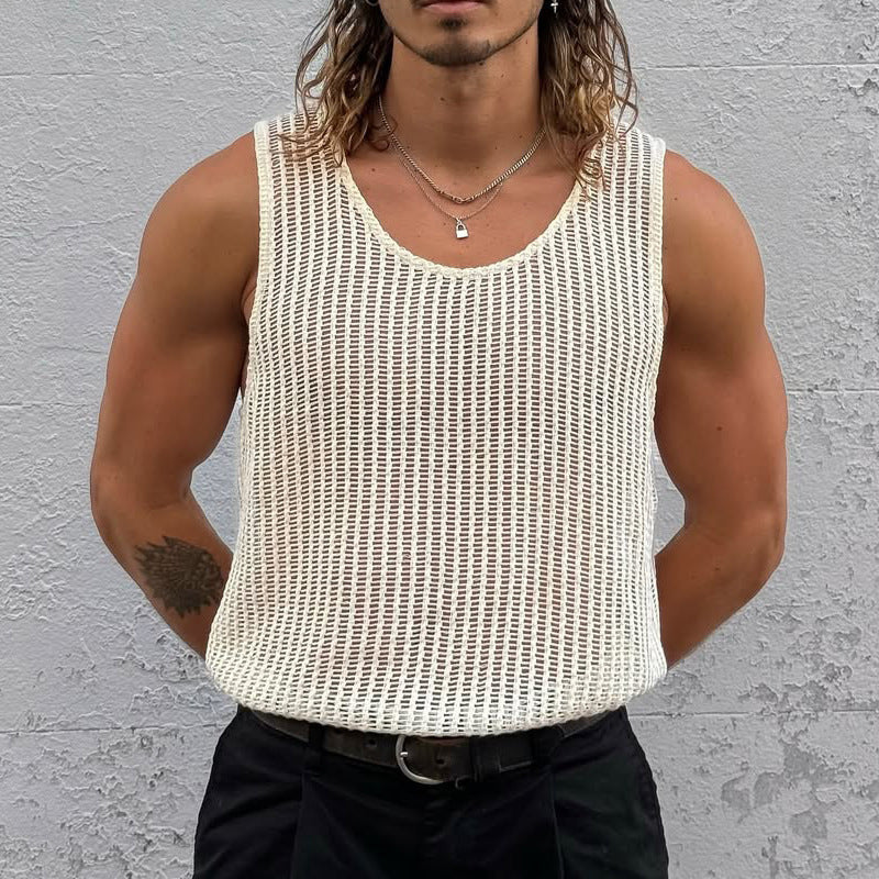 Men's Solid Color Round Neck Vacation Knit Tank Tops MTA2119D4X
