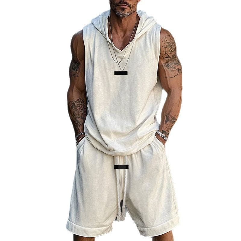 Men's Solid Color Casual Sleeveless Shorts Sports Hooded Two Piece Set MTA2172D2X