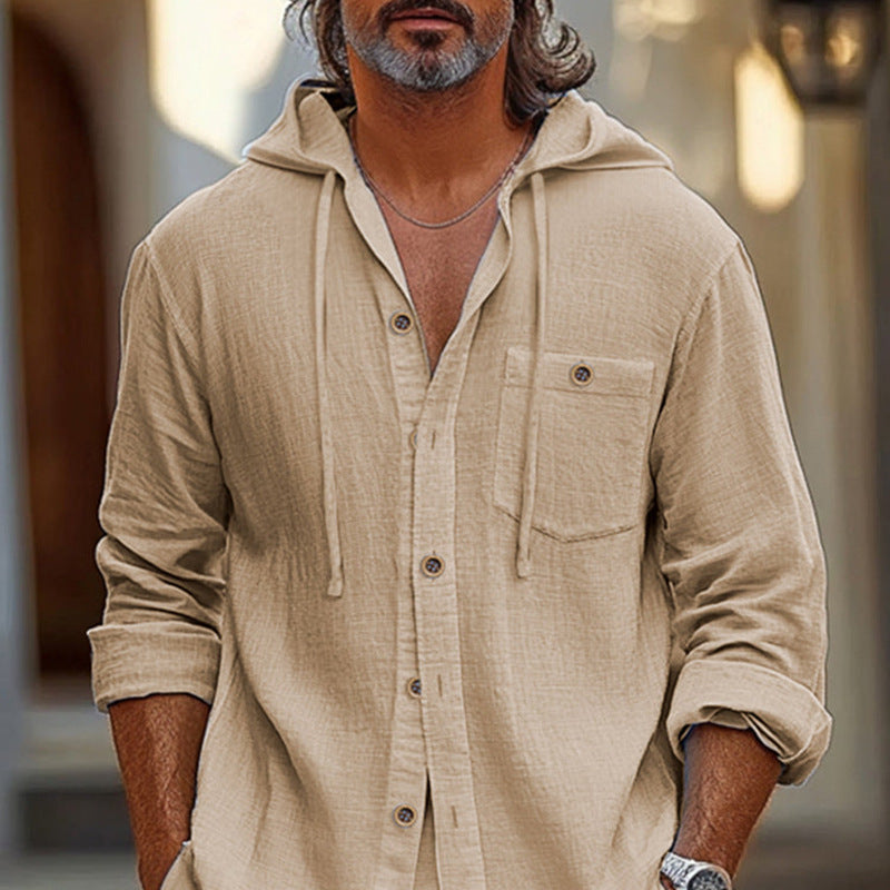 Men's Cotton And Linen Vacation Casual Shorts Long-Sleeved Hooded Two-Piece Set MTA2177D0X